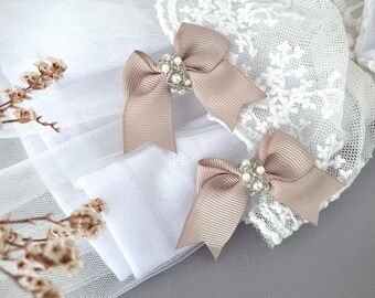 Mauve Baby Hair Clips: Diamante Pearl Bows, Christening Hair Accessories
