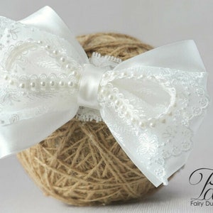 Baby bow hair band for baptism, christening, flower girl large bow headband, modern off white lace bow with pearls hair clip