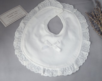 Baby bib with bow for baptism, christening bib with lace, soft cotton dribble bib in light ivory