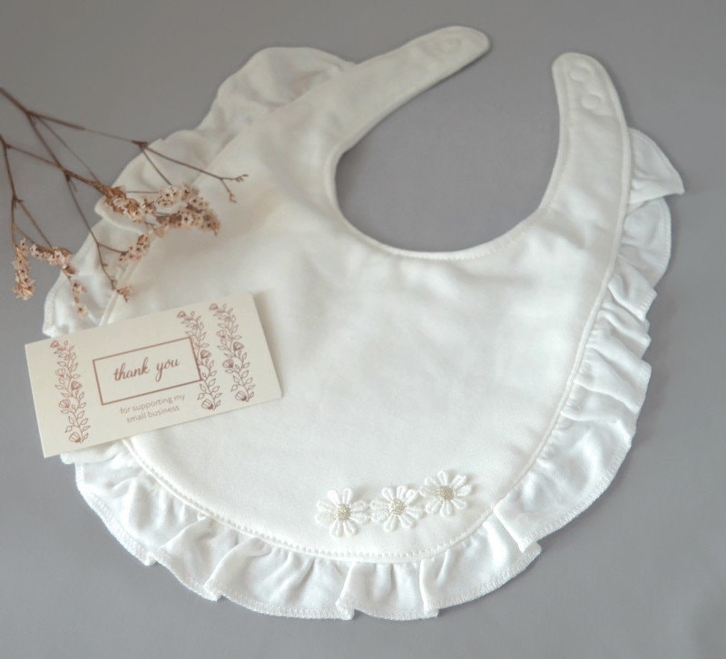 Baby bib with daisy flower for baptism christening decorated bib, cotton light ivory, off white bib for special occasions, thick soft bib