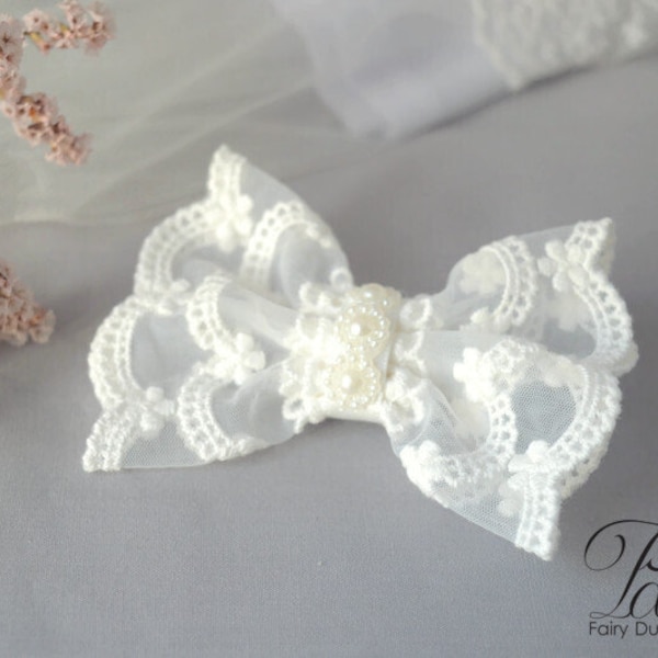 Lace bow hair clip for baptism, christening bow, flower girl baby bow, scalloped off white lace bow with pearls