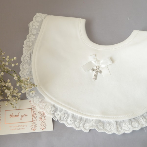 Baby bib with cross for baptism christening decorated bib, cotton light ivory, off white bib for special occasions, thick soft bib