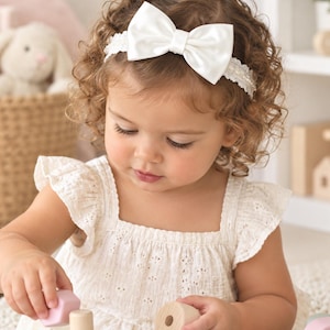 Baby christening headband with daisy pearls, ivory scalloped lace with soft elastic, Flower girl satin bow headband, baptism headband