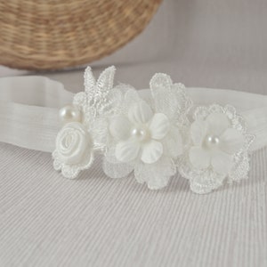 Baby flower hair band for baptism, christening, off white lace and pearls headband for flower girls, new baby headband