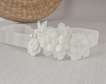 Baby flower hair band for baptism, christening, off white lace and pearls headband for flower girls, new baby headband