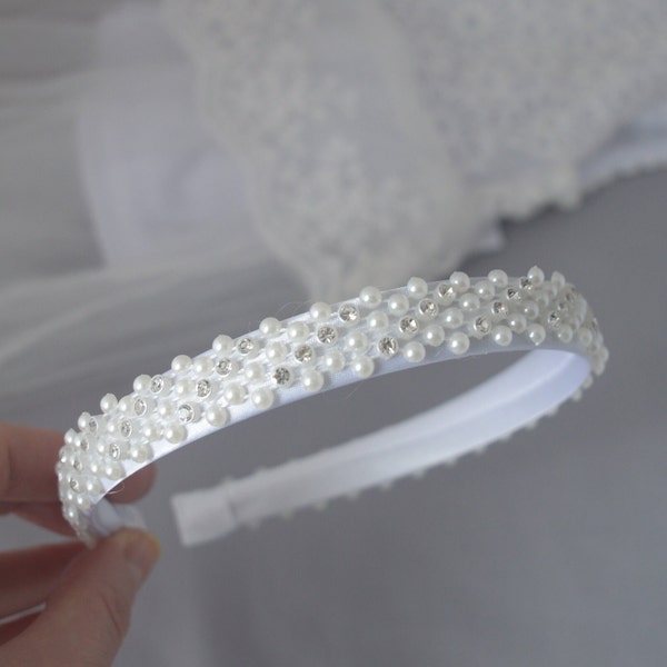 First holly communion white pearl headband with silver beads wedding headpiece for flower girl, Alice band for baptism, Christmas hairband