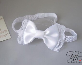 Lace and Satin Baby Bow Headband: Christening, Baptism, Wedding