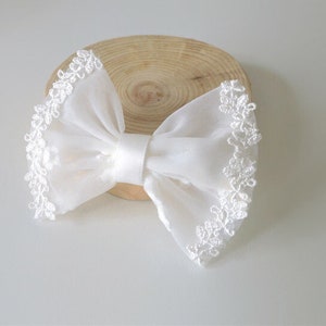 Baptism hair clip for baby girl, light ivory tulle bow with lace for christening, flower girl wedding baby bow