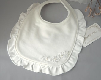 Baby bib with flowers for baptism christening bib with lace, cotton light ivory, off white bib with snap buttons, thick soft bib