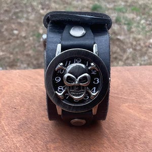 Black Leather Skull Cuff Watch with Buckle