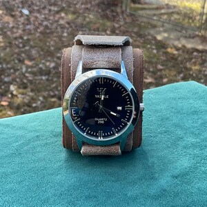 Brown Leather Cuff Watch with Buckle