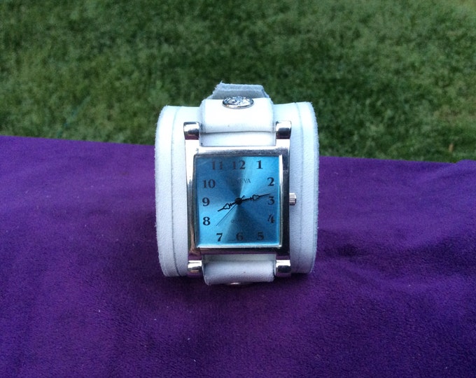 Women's White Leather Cuff Watch With a Large Square Etsy