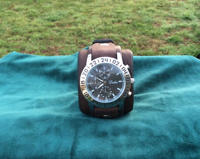 Men's Brown Leather Cuff Watch With Large Face Etsy