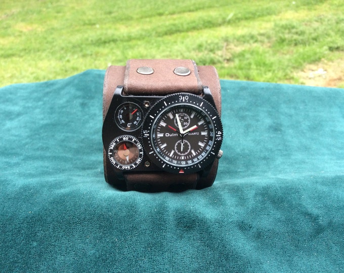 Men's Big Brown Leather Cuff Watch With Compass and Temp Etsy