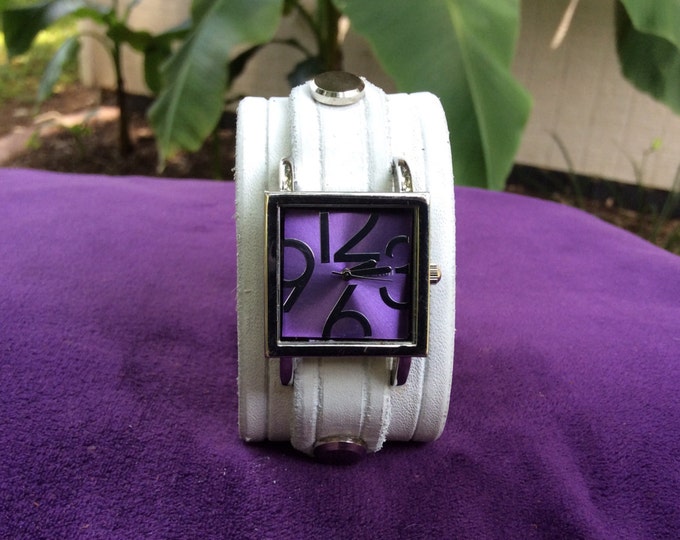 Women's White Leather Cuff Watch With a Square Purple Face Etsy