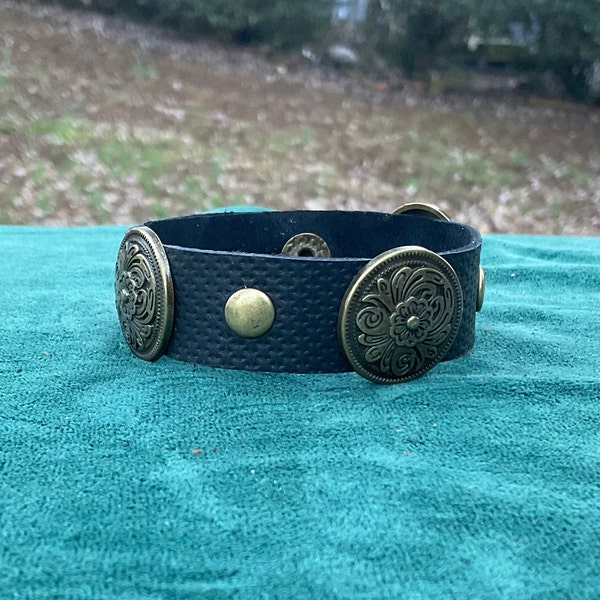 Black Leather Bracelet with Bronze Floral Rivets