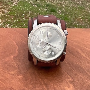 Red Brown Leather Cuff Watch with Buckle