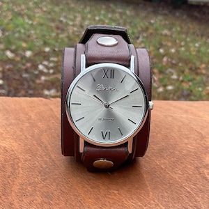 Womens Brown Leather Cuff Watch with Buckle