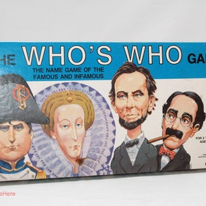 May include: The Who's Who Game board game box features a blue and white design with caricatures of Napoleon Bonaparte, Queen Elizabeth, Abraham Lincoln, and Groucho Marx. The text reads The Who's Who Game, The Name Game of the Famous and Infamous.