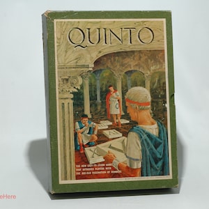 May include: A vintage board game box with the title "Quinto" printed in green on a green background. The box features an illustration of people playing the game in a Roman setting.