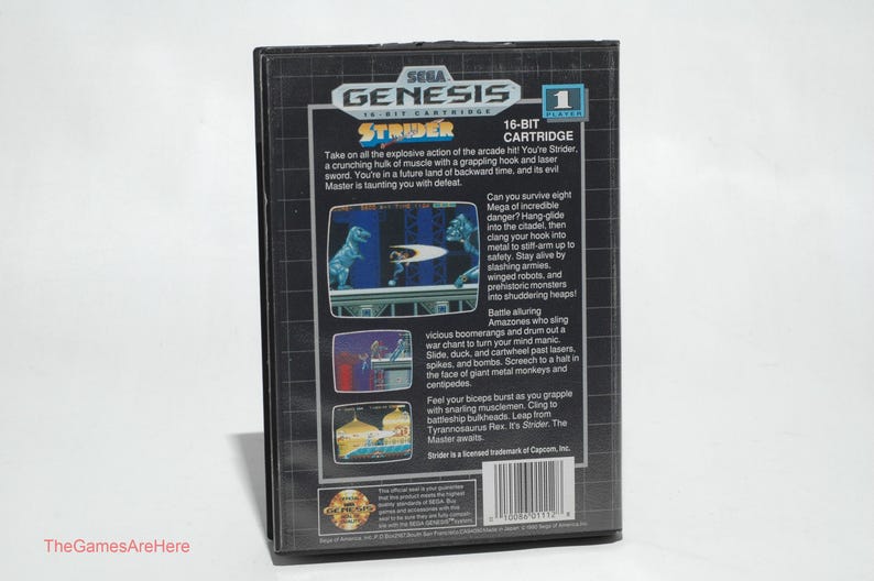 May include: A black Sega Genesis Strider 16-Bit cartridge. The back of the game case features screenshots of the game, along with text describing the game's action and features. The game is rated 1.
