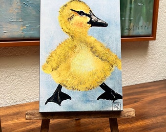 Duck Print,on wood block,the new parent,duckling painting, painting of duck,small artwork,baby shower gift,kids room,yellow duck painting
