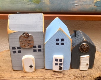 Wooden Houses,Set of Three,Little Houses,Village Houses,Two tier tray decor,Small Wood Houses,Shop Canada,Cottage Ornament,Driftwood Houses