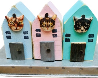 Cat Lovers,Little Houses,Tiered Tray Decor,Row Houses,Wooden House,Gift for Mom,Cat Decor,Wood Art,Shop Canada