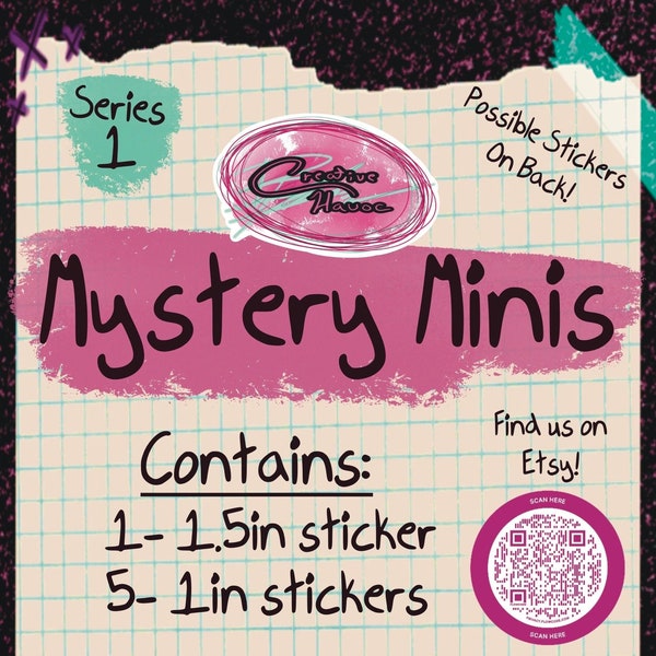 S1: Mystery Minis 6 Sticker Pack! 1 Sm (1.5in) Sticker and 5 Minis (1in). No Duplicate Guarantee! Glossy and Rainbow Holographic Vinyl.