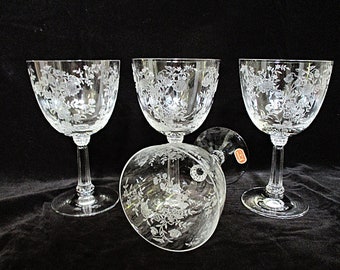 Fostoria Bouquet, Water Goblets, Large Wine Glasses, Set of 4, Bridal Stemware, Floral Design, Wedding Gift, 2 Sets Available