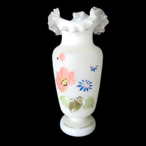 Antique Victorian Vase, Bristol Opaline, Ruffled Lip, Double Crimp, Hand Painted, Victorian Decor, 1920s
