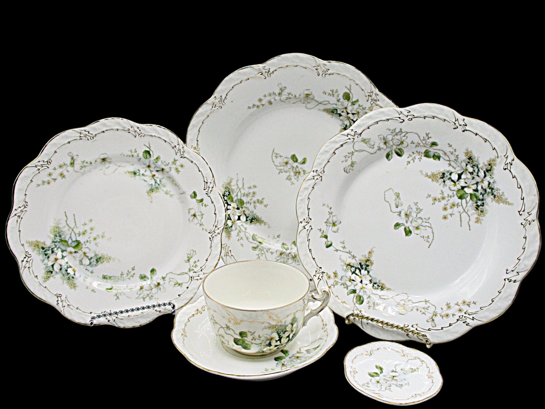 Antique German China, 6pc Place Setting, BJK Bav 62, White Flowers, Gold Trim Deep Green Leaves, Magnolias, Dogwoods, 1 Place Settings Avail