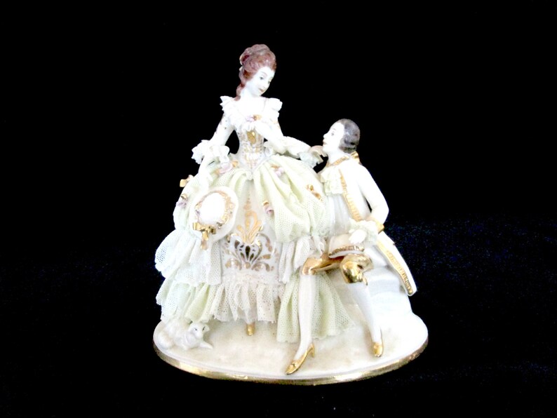 Antique Dresden Courting Couple Victorian Man and Woman Lace image 0