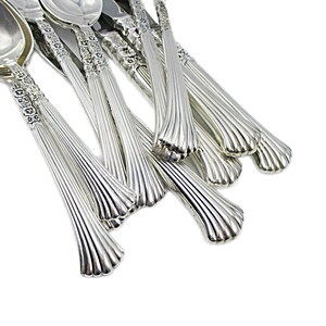 May include: A set of silver-plated flatware with a decorative, fluted design on the handles. The set includes spoons, forks, and knives.