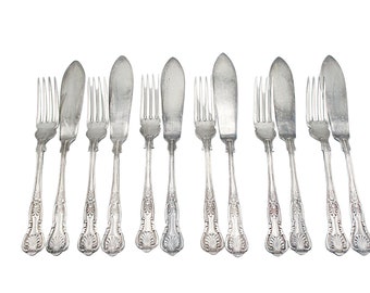 PM EPNS Silver Plate Flatware, Kings Pattern, 12pc Fish Serving Set, 6 Fish Knives, 6 Fish Forks, Philip Marks of Sheffield England