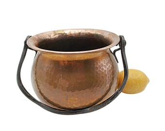 Hammered Copper Kettle with Handle, Planter or Display Piece, Rustic French Country Farmhouse Decor, Water Tight, 7 Inch Diameter