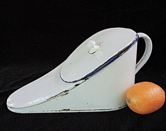 French Bedpan, White Enamelware, Blue Trim, Lidded, Large Handle. Ideal as Flower Pot, French Country Farmhouse Decor