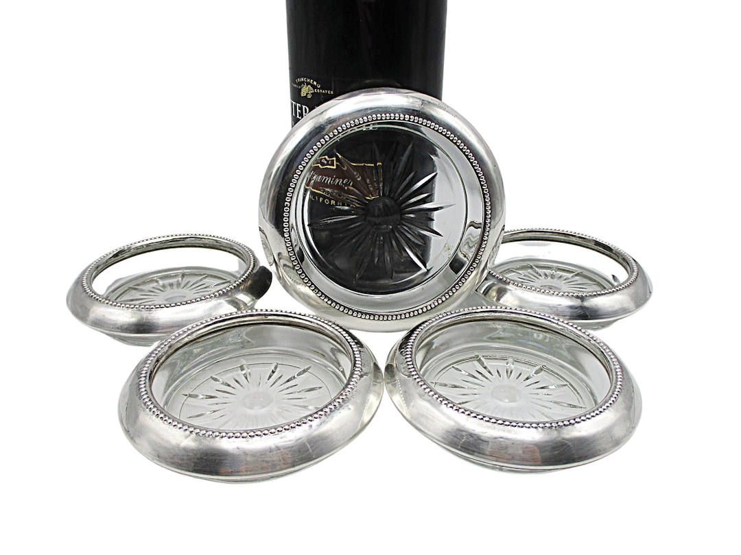 Sterling Silver Wine Bottle and Wine Glass Coaster Set, Starburst Glass ...