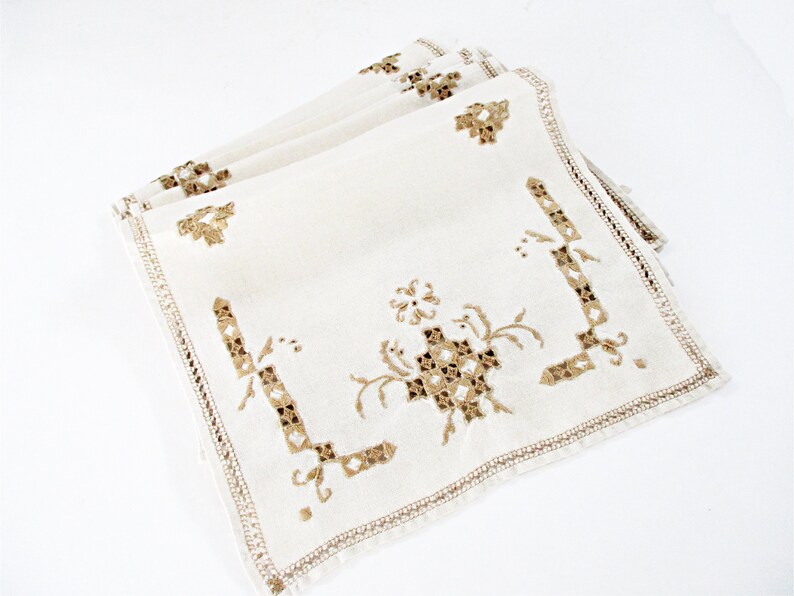 Embroidered Linen Dresser Scarves, Placemats, Cutwork Napkins, Ecru Doilies, Set of 8, Wedding Gift image 7