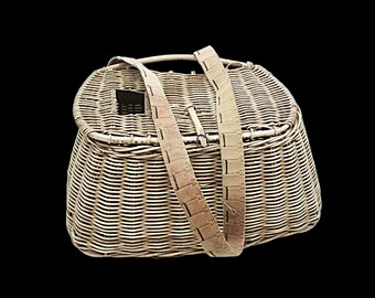 Vintage Fishing Creel Basket, Canvas Strap, Wicker, Lake House Decor, Gift for Fisherman