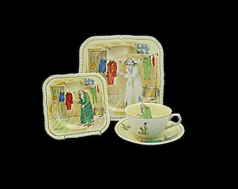 Charles Dickens Character Dish Set Fagin, 4 pièces, assiette à déjeuner et à dessert, tasse et soucoupe, par Alfred Meakin