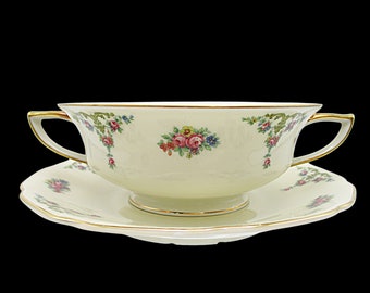 Bohemia Royal Ivory, The Myrtle, Windsor, Creme Soup Bowl and Saucer, Double Handled, Florals with Gold Trims, Made in Czechoslovakia