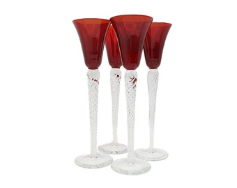 Red Cordials or Liquor Glasses, Long Stemmed, Spiral Stem, Elegant Romantic Barware, Gift for Valentines Day, Excellent Condition, Set of 4