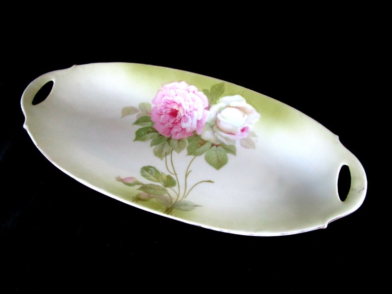 Vintage Dresser Tray Marked Bavaria Trinket Dish Pink Roses Green Leaves Jewelry Dish Celery Boat