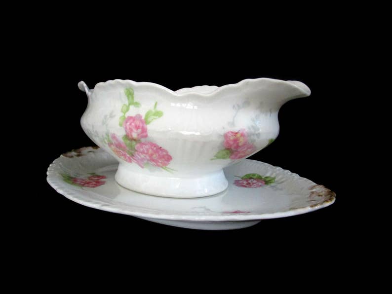 Antique Limoges Gravy Boat, Jean Pouyat, JPL Limoges, Pink Carnations, Pink Floral Limoges Gravy Boat and Under Plate, Vintage Gifts image 4