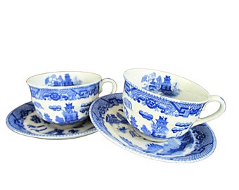 Blue Willow Cups and Saucers, Occupied Japan, Set of 2 Cups and 2 Saucers, Blue and White Dishes, 1940s