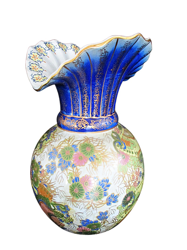 Large Asian Vase, Melon Base, Flared Ruffled Neck, Colorful on Creamy White Background, 16 by 10, Wedding Gift image 3