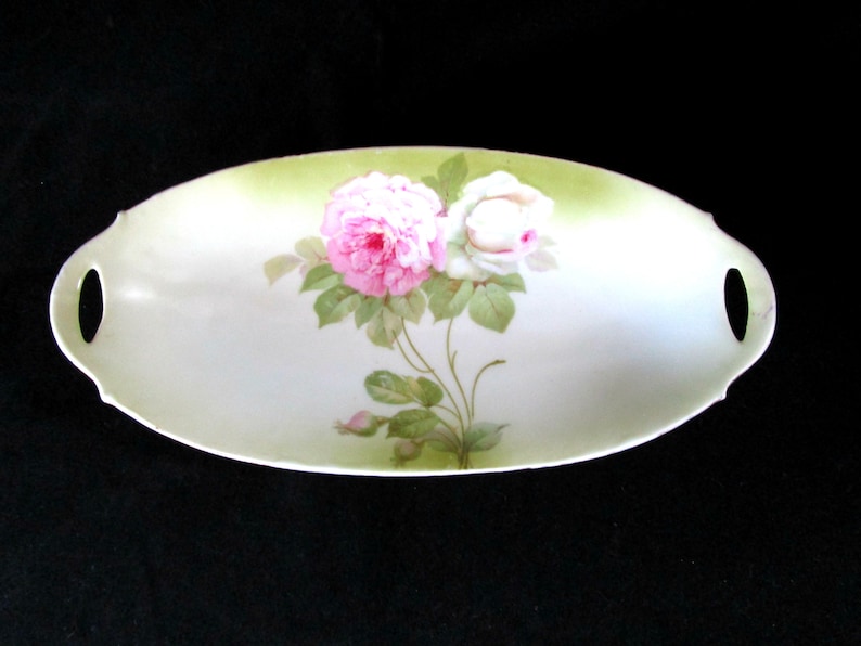 Vintage Dresser Tray Marked Bavaria Trinket Dish Pink Roses Green Leaves Jewelry Dish Celery Boat