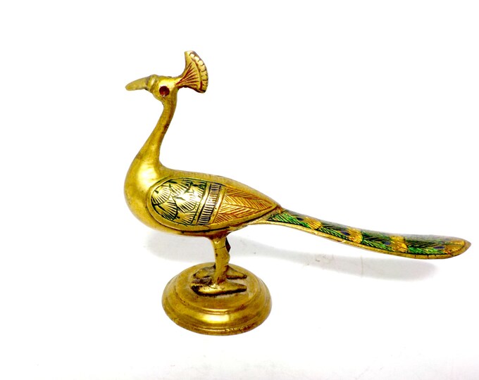 Peacock Figurine, Brass Peacock, Enameled Brass Peacock Figurine