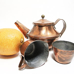 Childs Copper Tea Set, Toy Tea Pot, Sugar Bowl and Creamer, Miniature  Childs Sized Copper Coffee Set